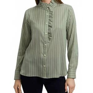 NEW JADE stripe ruffle button down blouse in olive stripe